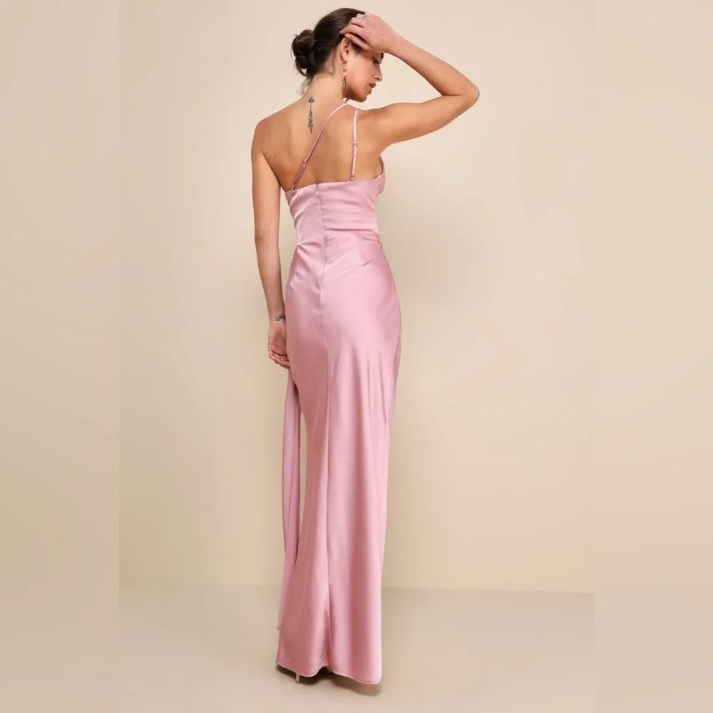 Lulus Signature Elegance Satin Asymmetrical One-Shoulder Maxi Dress, Rose, XS - Picture 3 of 16